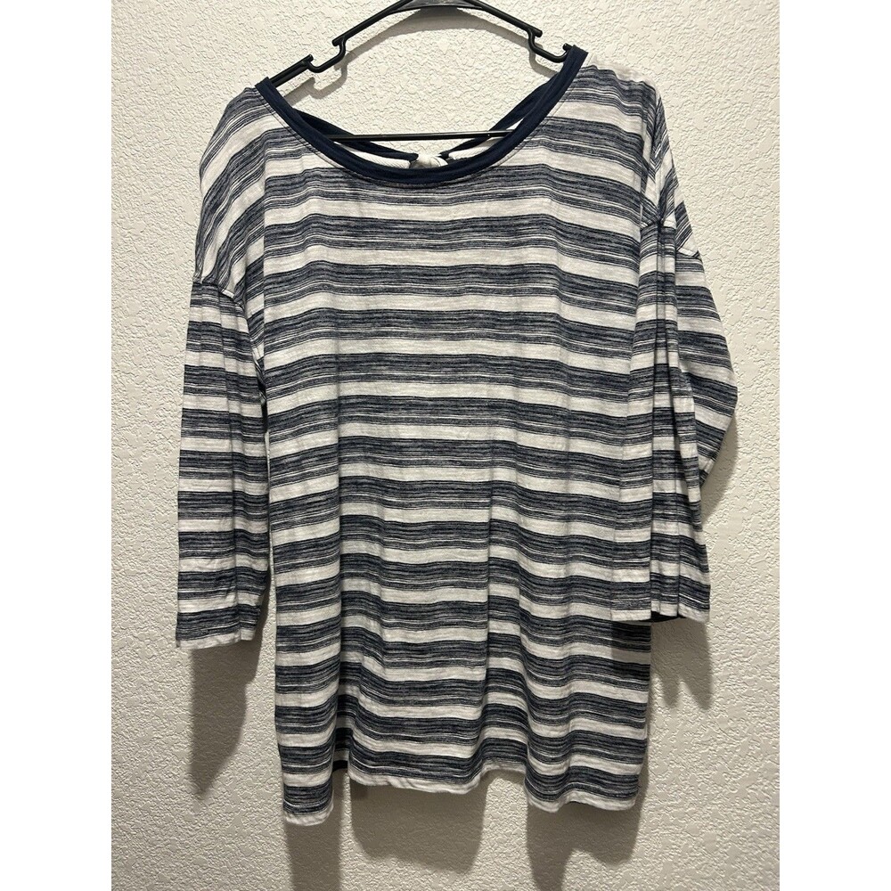T by Talbots Tee Top Women Large Bow Back Strech 3/4 Sleeve Blue White Striped